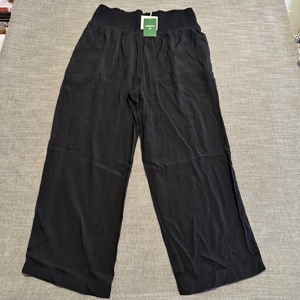 Halara Wide Leg Pants Womens L Black NEW Smocked High Waist Textured Trousers